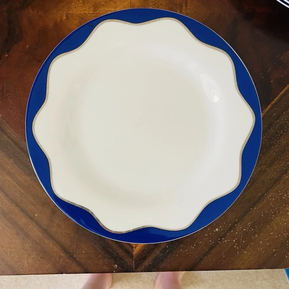 POTTERY BARN Hanukkah Salad Plates Set )3)  Blue White Scalloped Silver Rim 8.5